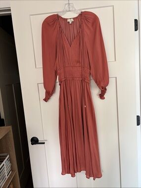 Pinch Long-Sleeve V-Neck Midi Dress in Terracotta